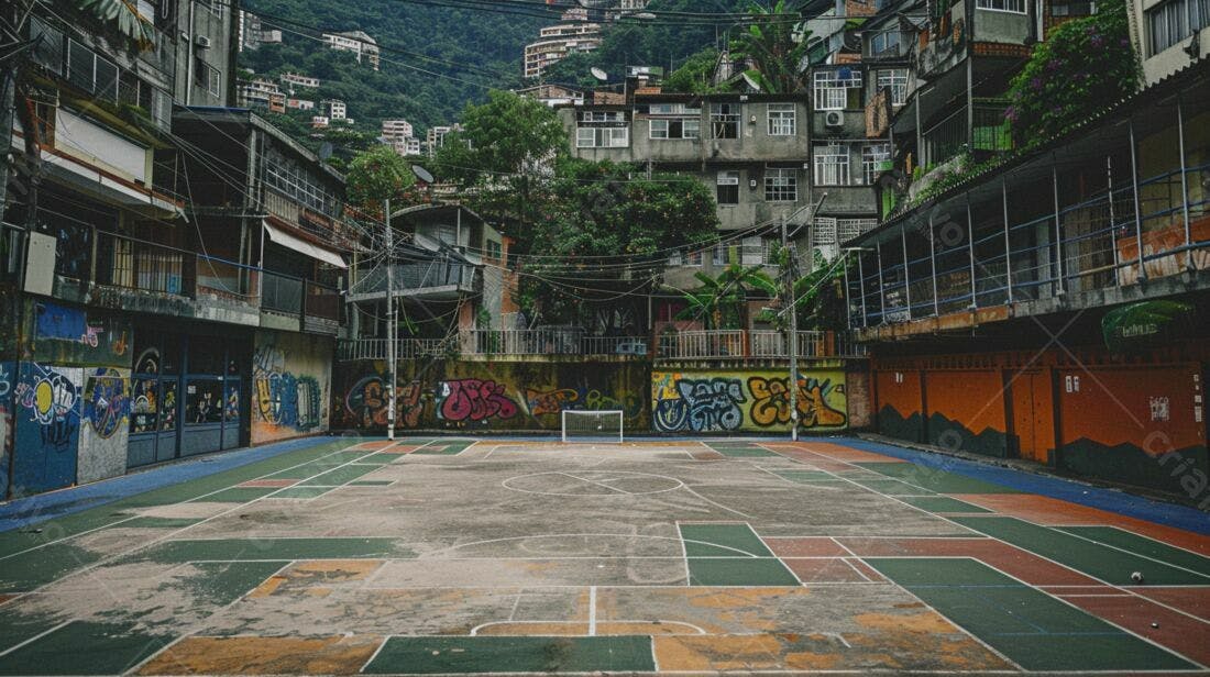 Quadra de futebol em favela brasileira