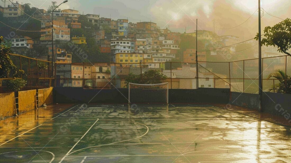Quadra de futebol molhada favela ao amanhecer