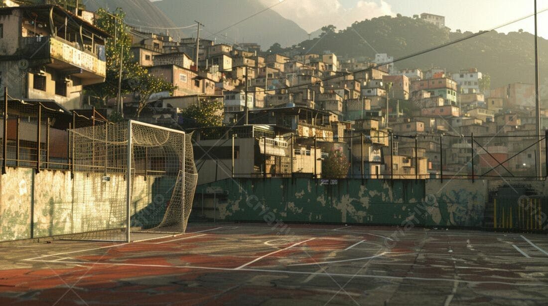 Campo de Futebol em Favela ao Pôr do Sol