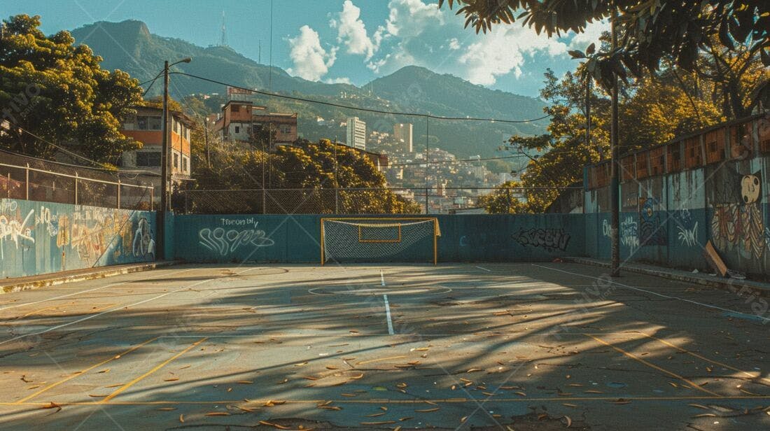 Quadra de futebol com grafite e vista para morros