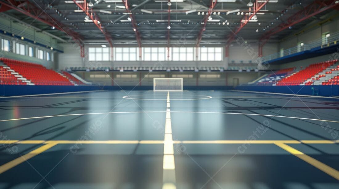 Quadra de futsal vazia com arquibancadas