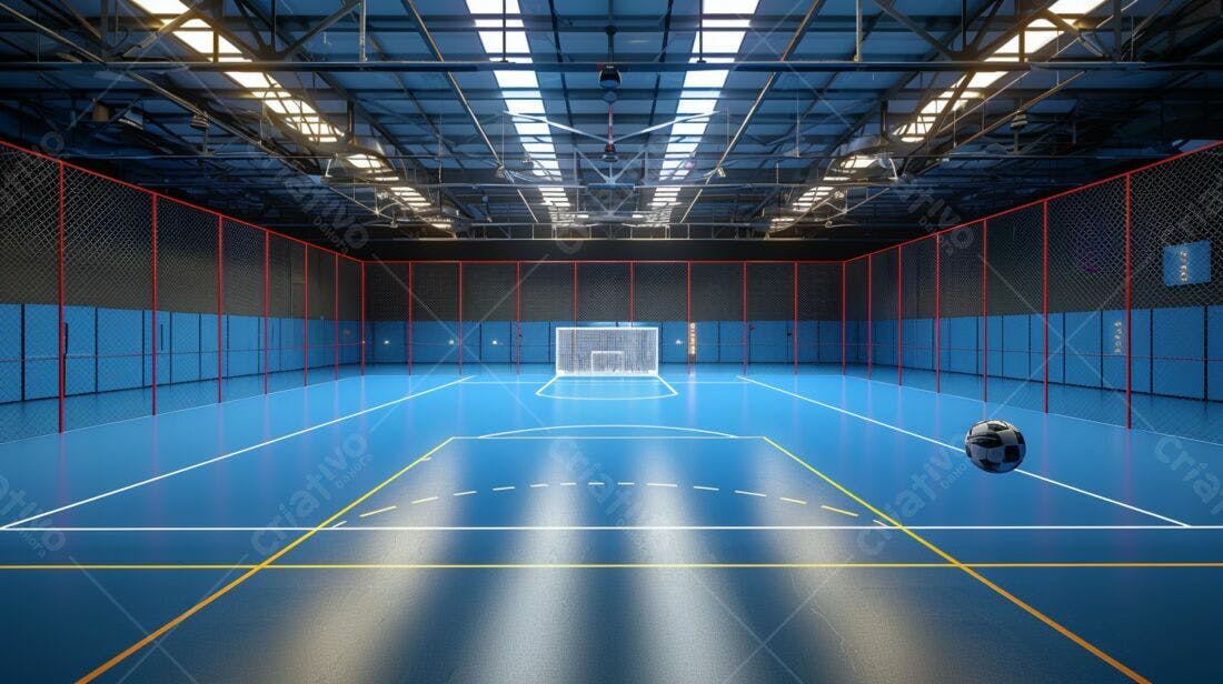 Quadra de futsal azul moderna e iluminada