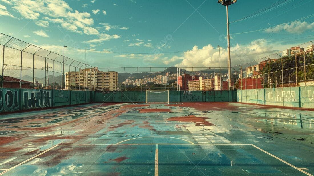 Campo de futebol urbano molhado com grafite