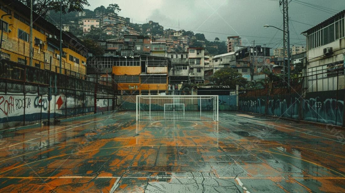 Gol de futebol em favela sob chuva