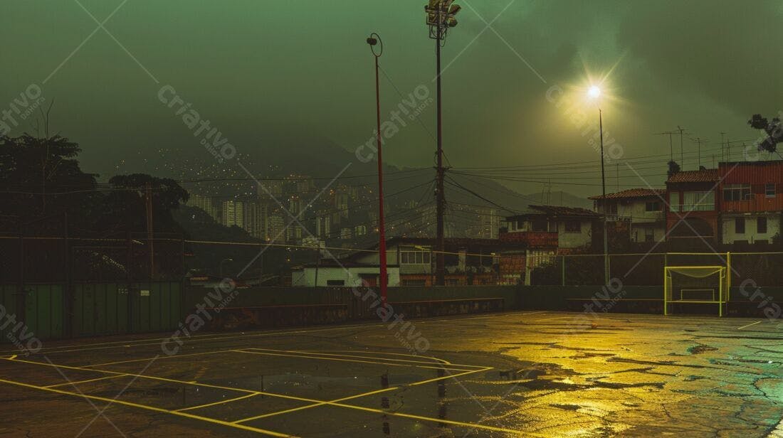 Quadra de esportes noturna sob chuva