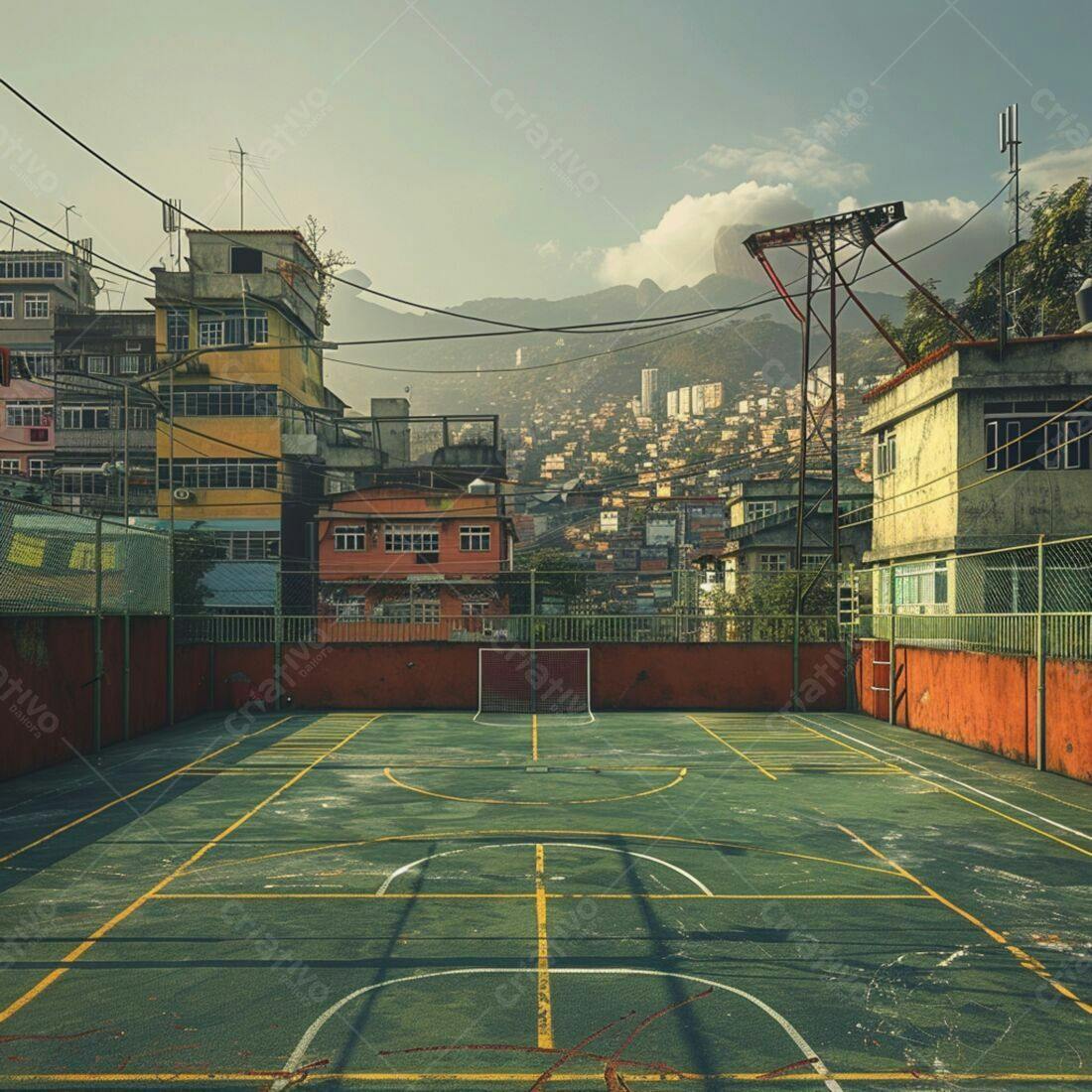 Quadra esportiva em favela brasileira ao amanhecer