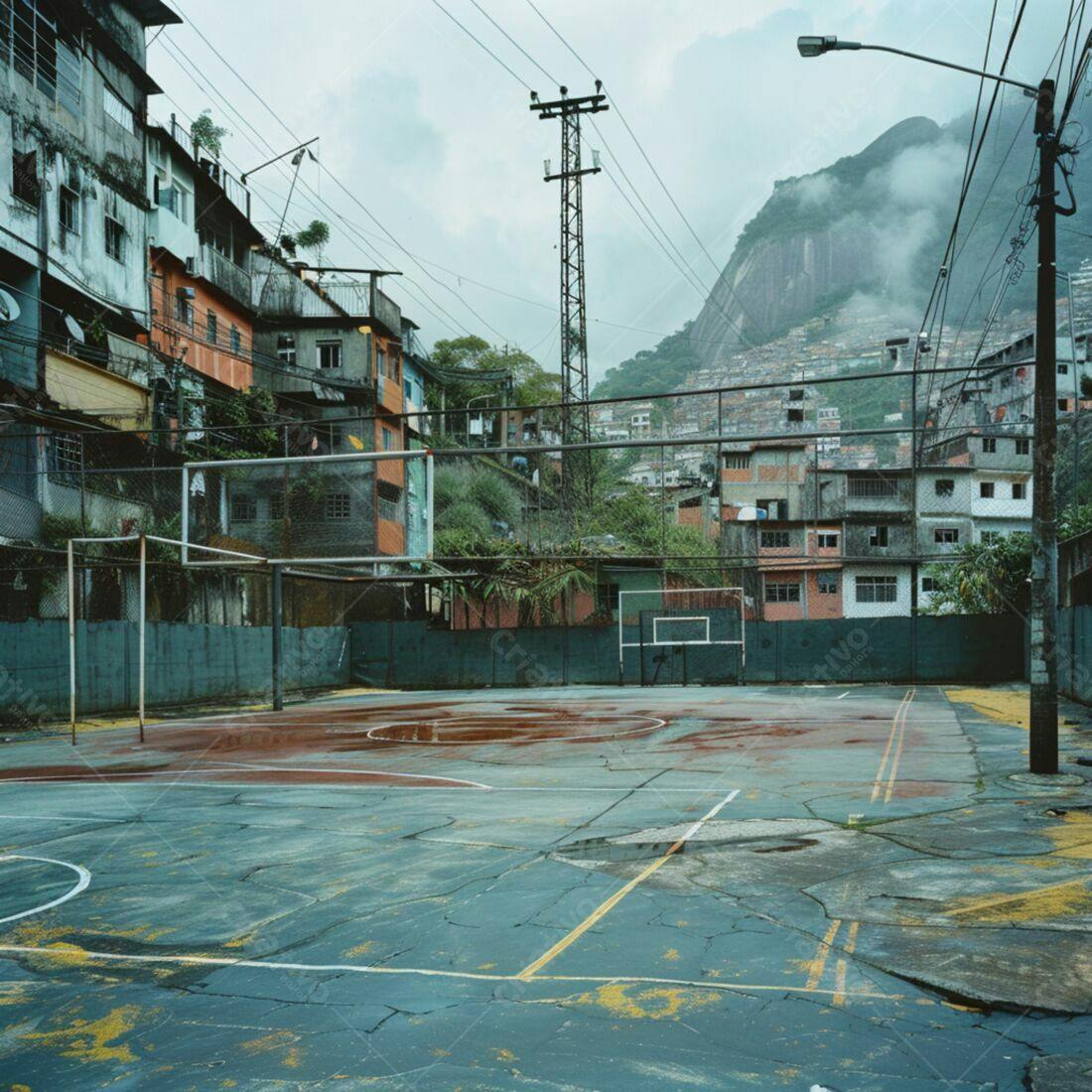 Quadra de esportes em favela brasileira sob céu nublado
