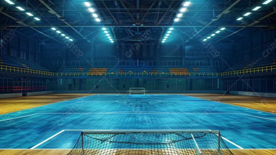 Quadra de futsal azul iluminada