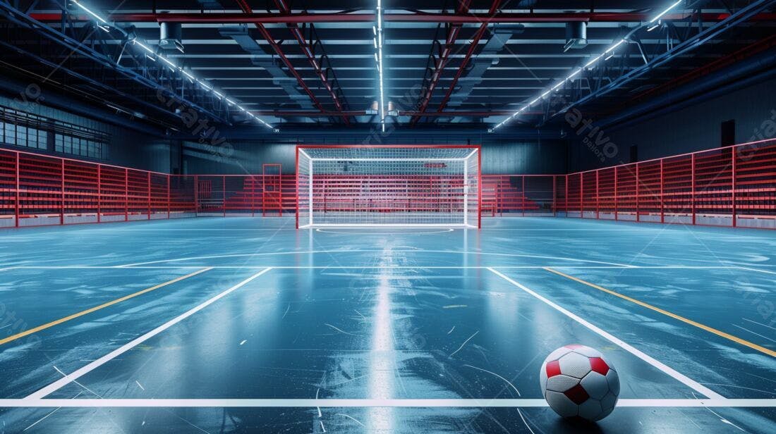 Bola de futebol em quadra indoor azul