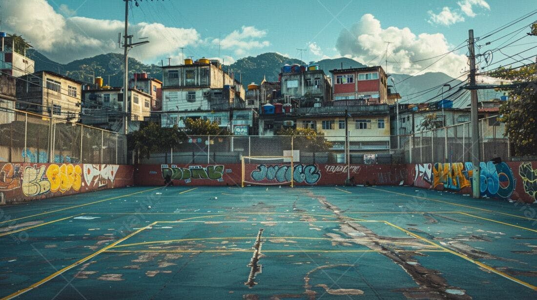 Quadra de futebol em comunidade brasileira