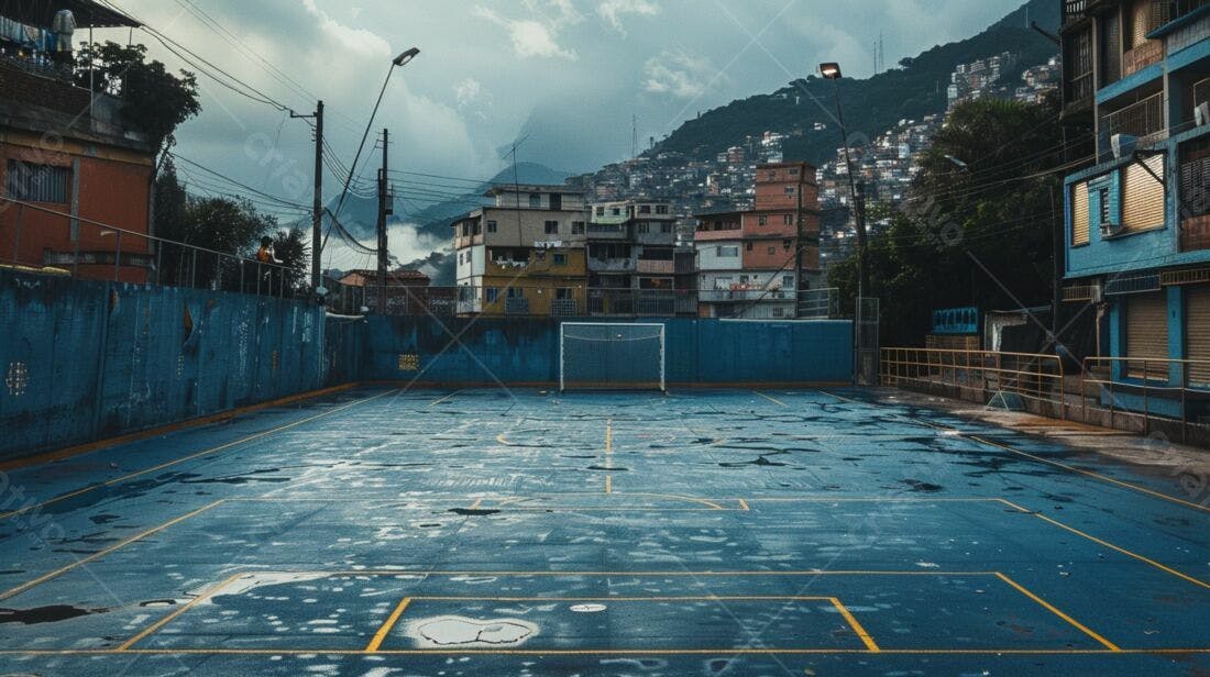 Campo de futebol azul em favela brasileira