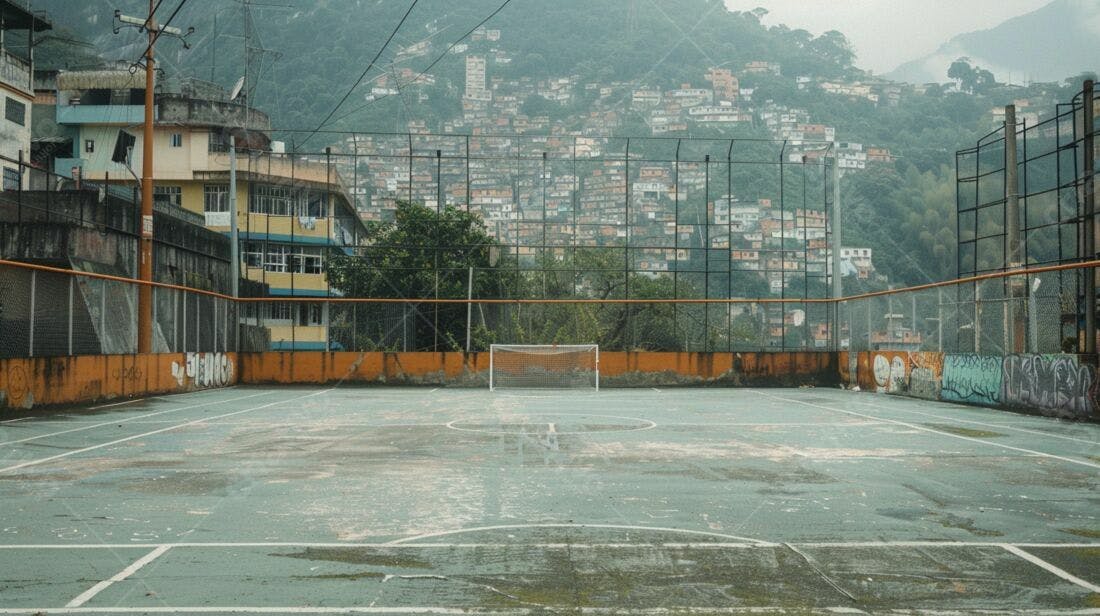Campo de futebol em favela sob chuva