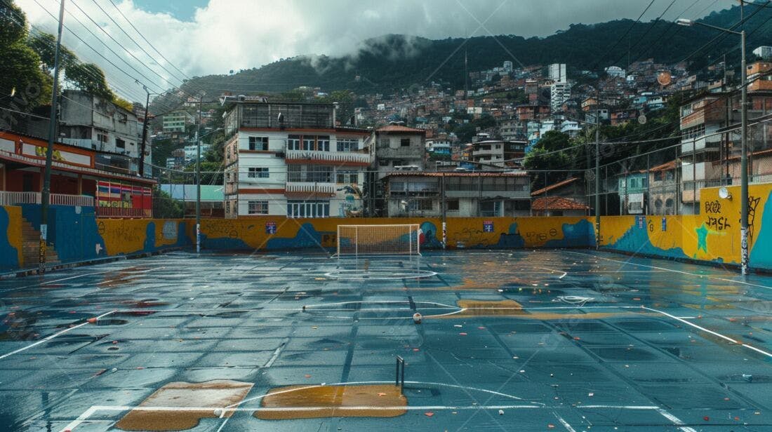 Campo de futebol molhado favela brasileira