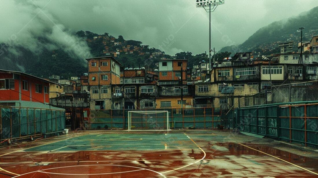 Campo de futebol favela sob céu nublado