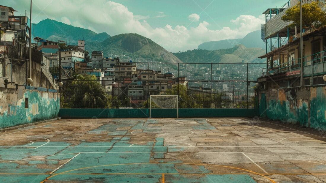 Quadra de esportes abandonada com vista para favela