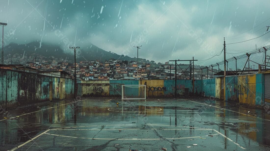Campo de futebol chuvoso favela