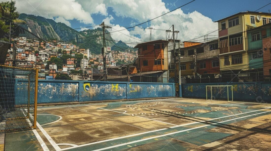 Campo de futebol em comunidade favela brasileira