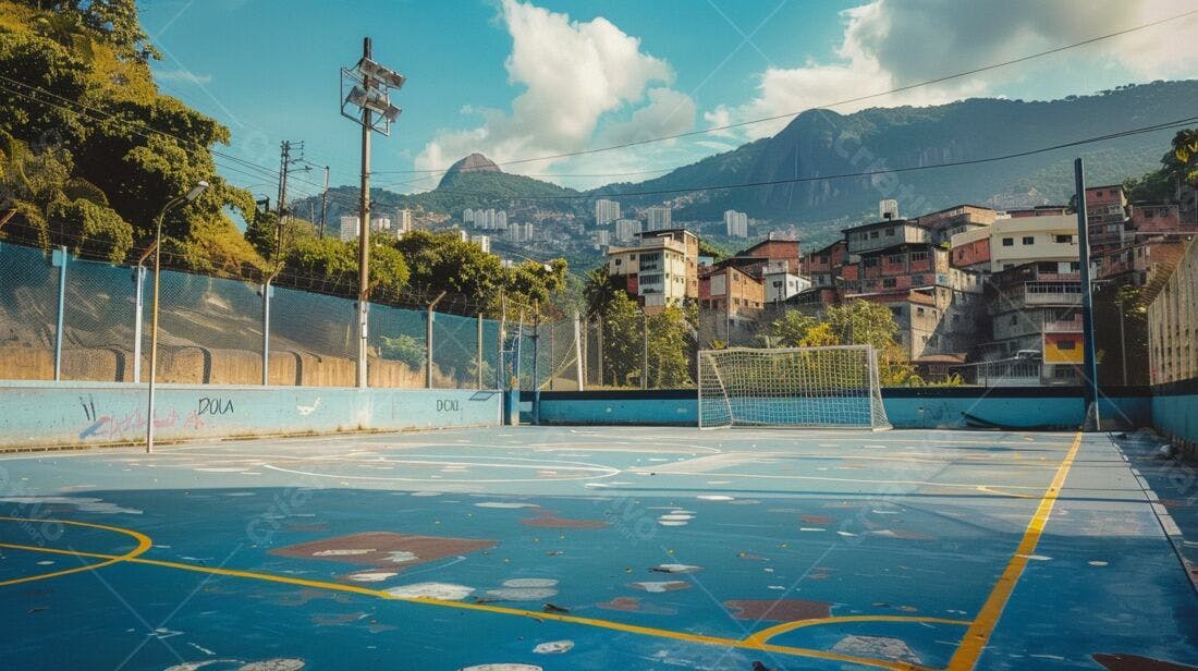 Campo de futebol azul em favela carioca