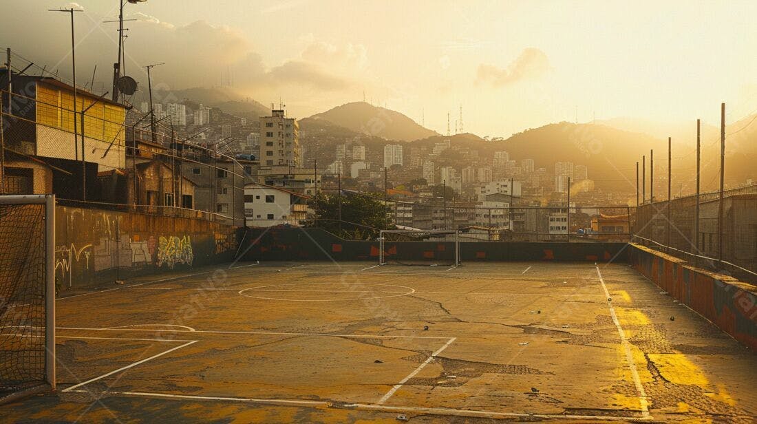 Campo de Futebol em Favela ao Entardecer