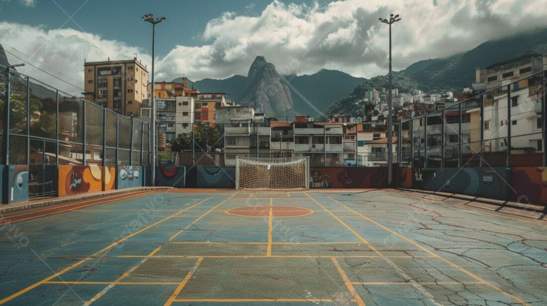 Quadra de futebol em favela brasileira com vista para morro