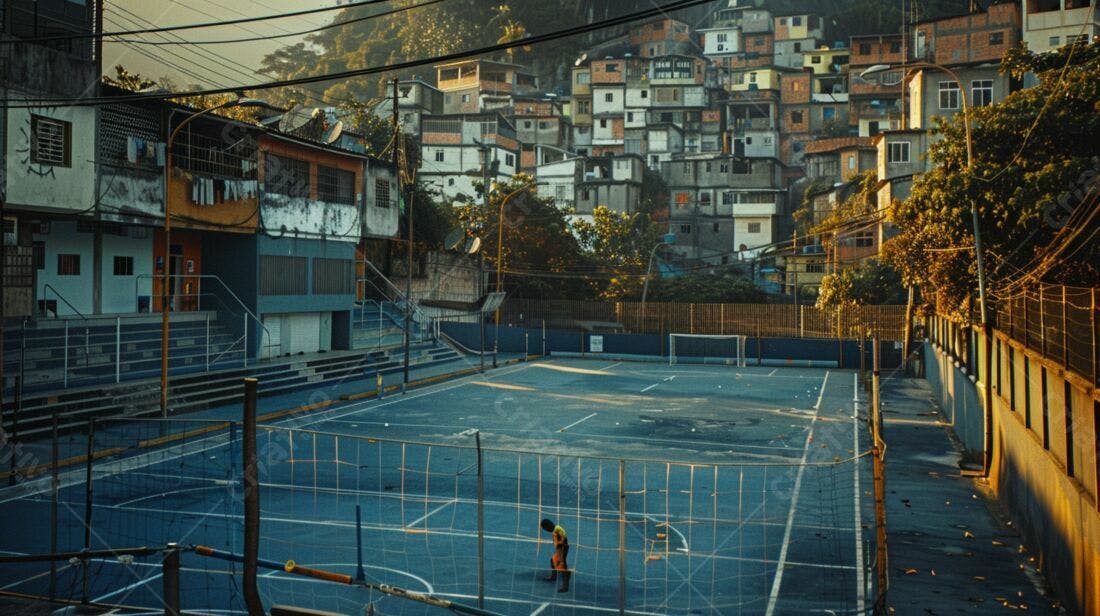 Criança em campo de futebol favela Brasil