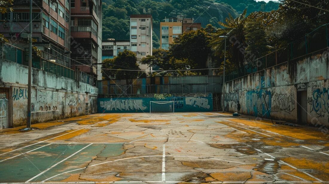 Quadra abandonada com grafites e prédios ao fundo