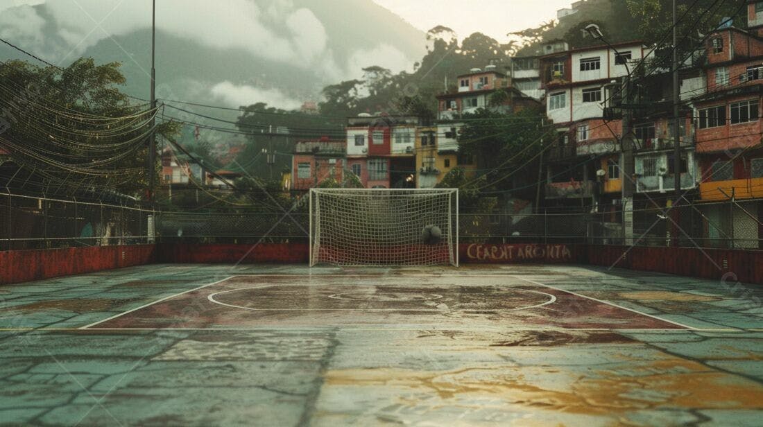 Campo de futebol em favela sob chuva