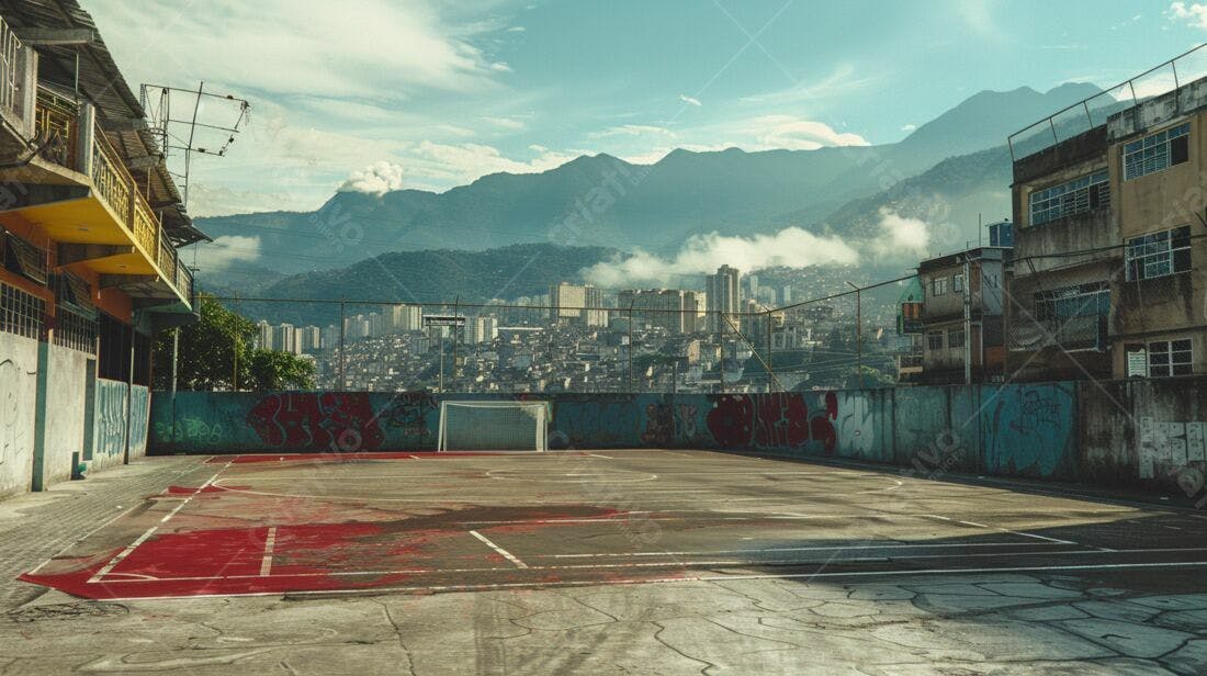 Quadra de futebol em favela com vista para morros