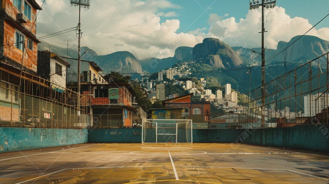 Campo de futebol em favela com vista para morros