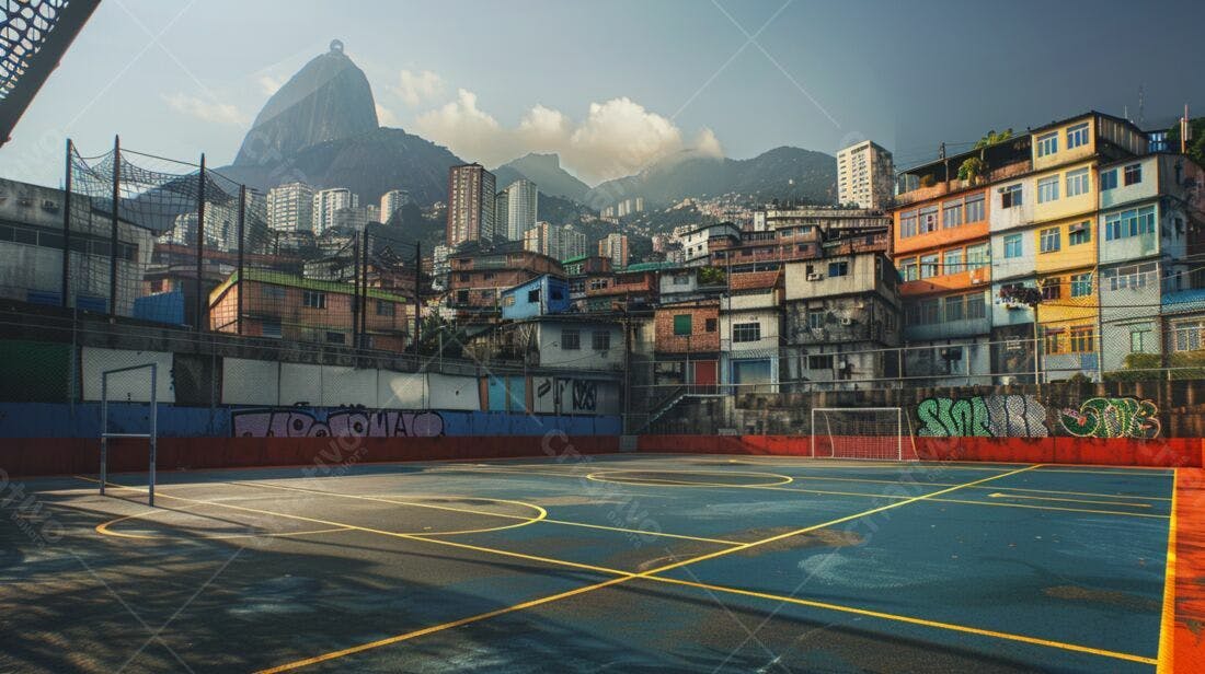 Quadra esportiva em favela com vista para morro