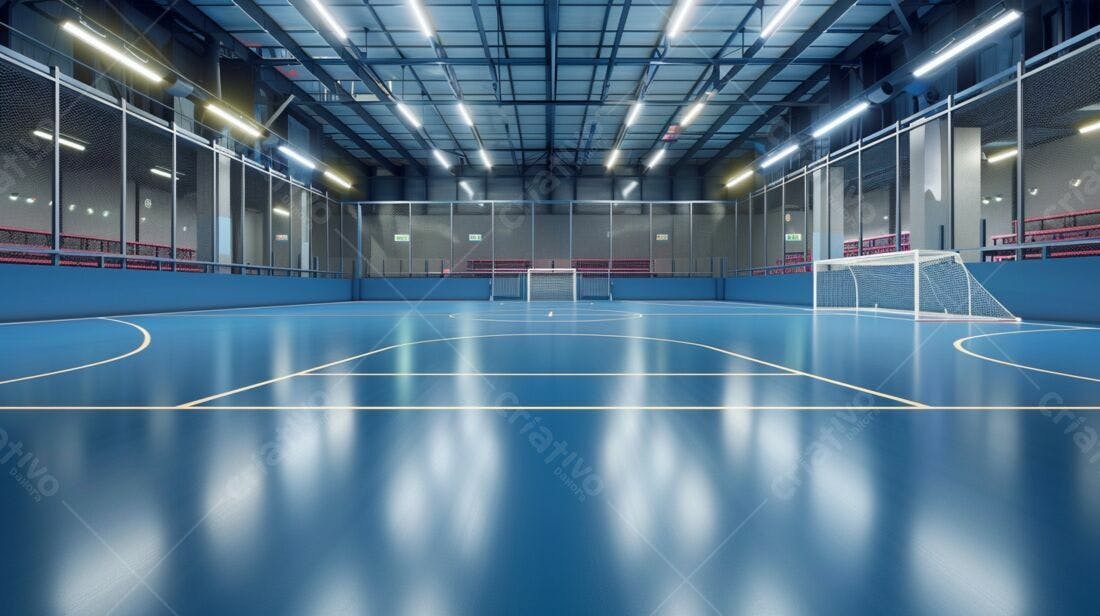Quadra de futsal azul moderna e iluminada