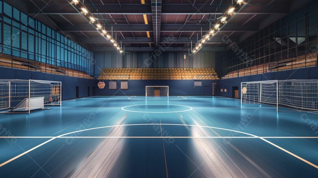 Quadra de futsal azul e branca vazia