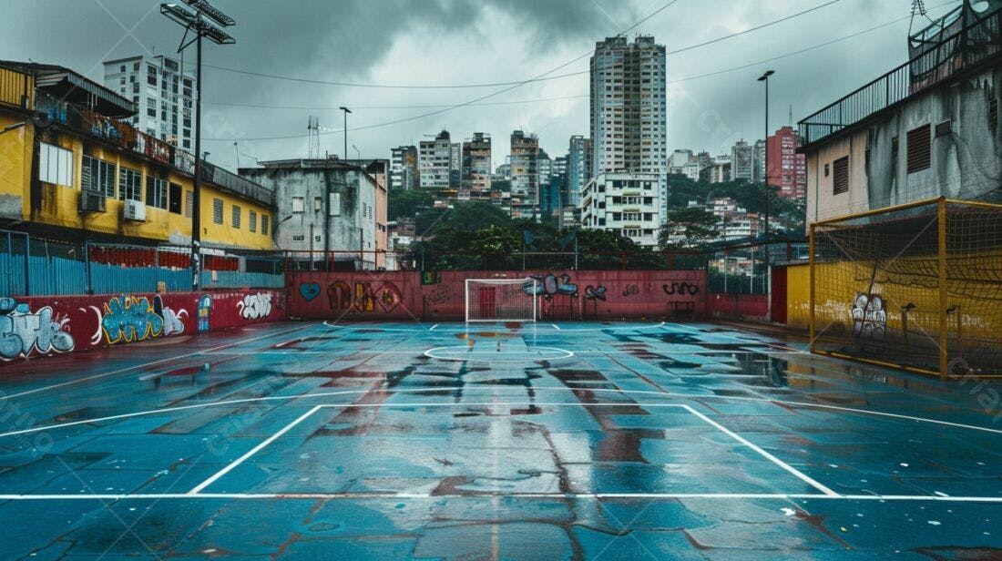 Quadra de futebol molhada em favela urbana