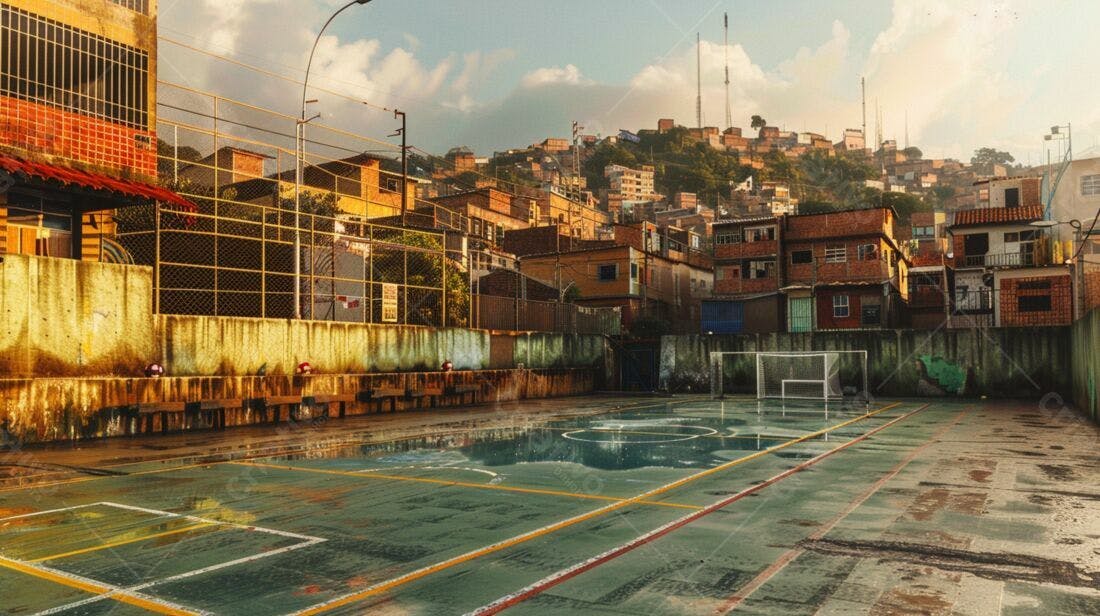 Quadra de futebol em favela ao entardecer