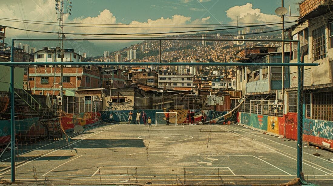 Campo de futebol em favela latino-americana