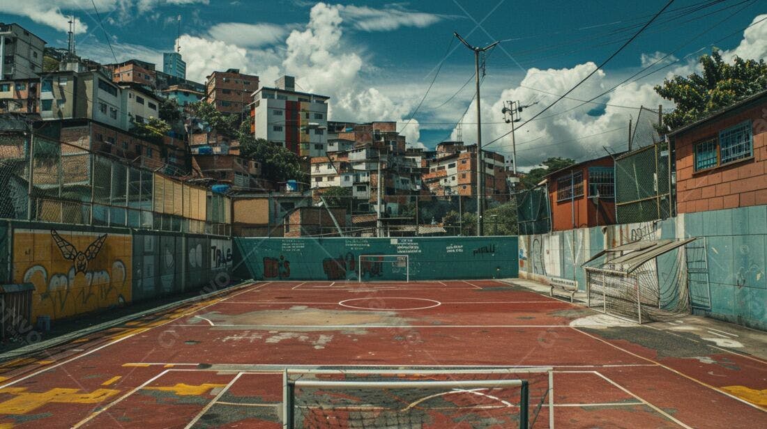 Campo de futebol em favela com prédios coloridos