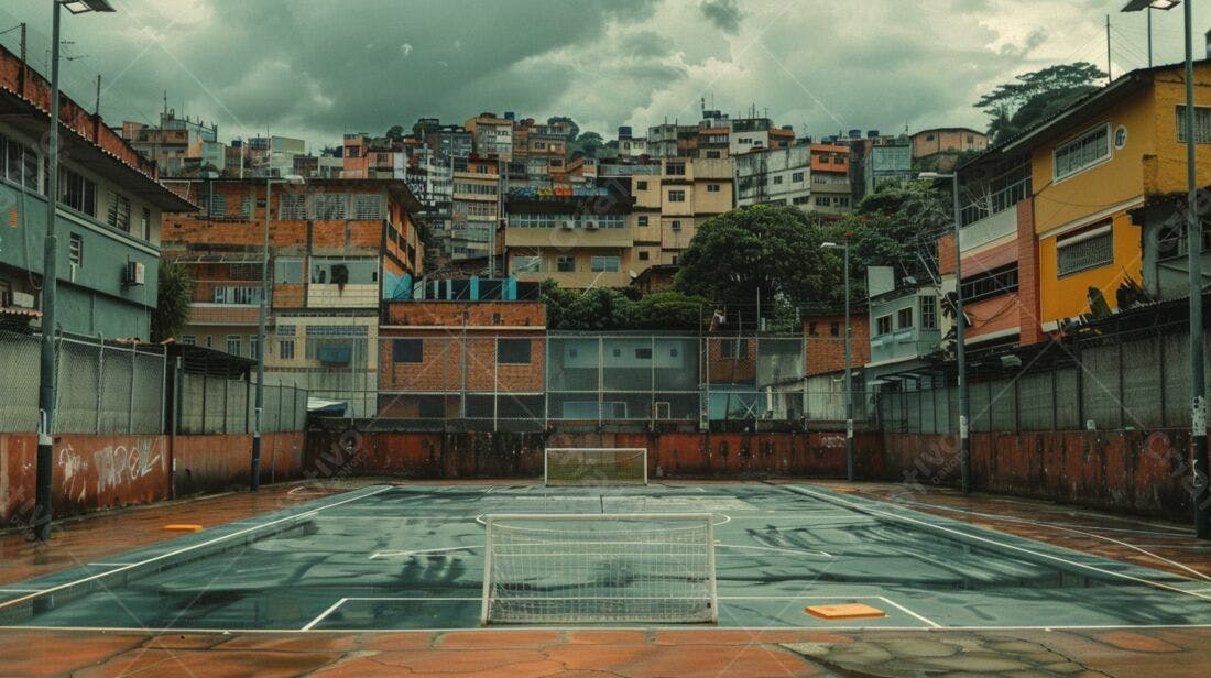 Campo de futebol em favela sob céu nublado