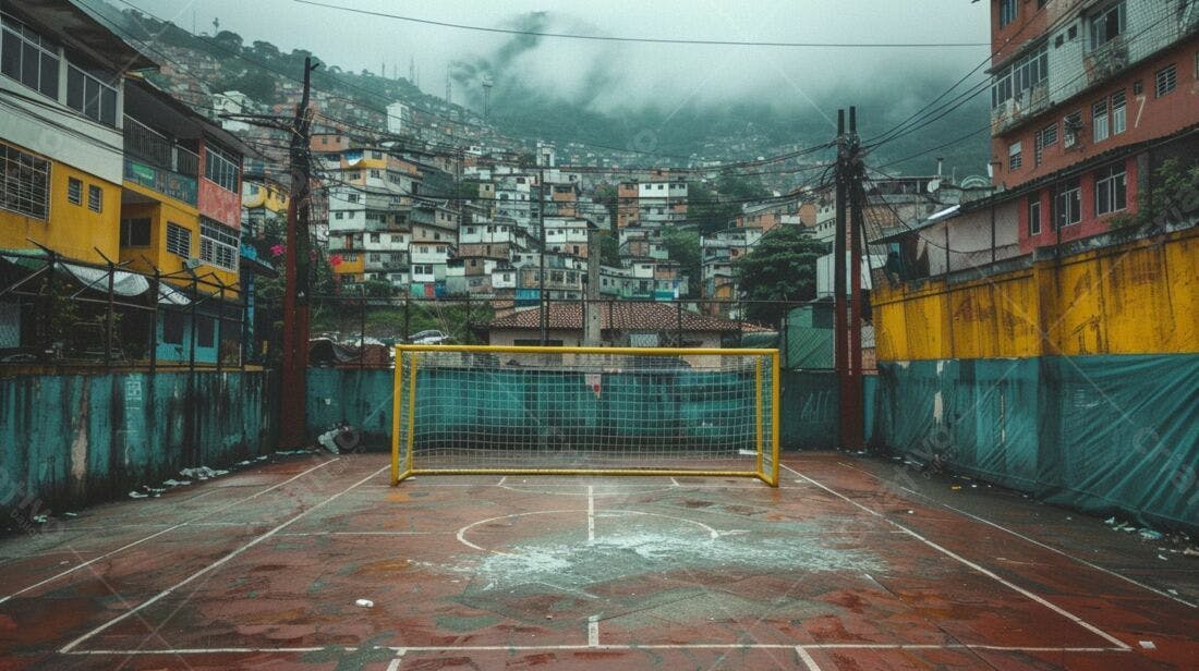 Gol de futebol em favela sob céu nublado