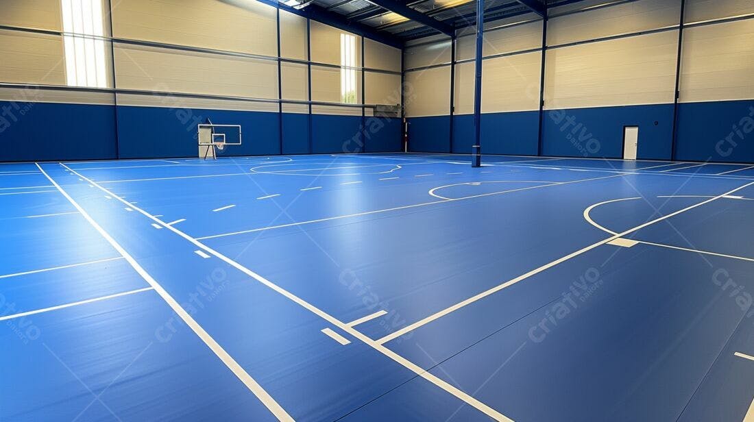 Quadra esportiva azul com marcações brancas
