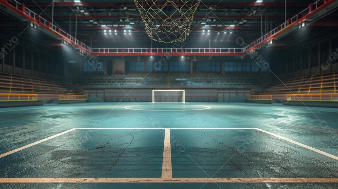 Quadra esportiva com cesta de basquete e gol de futsal