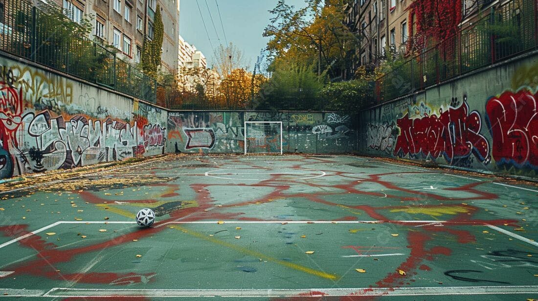 Bola de futebol em quadra abandonada com grafites