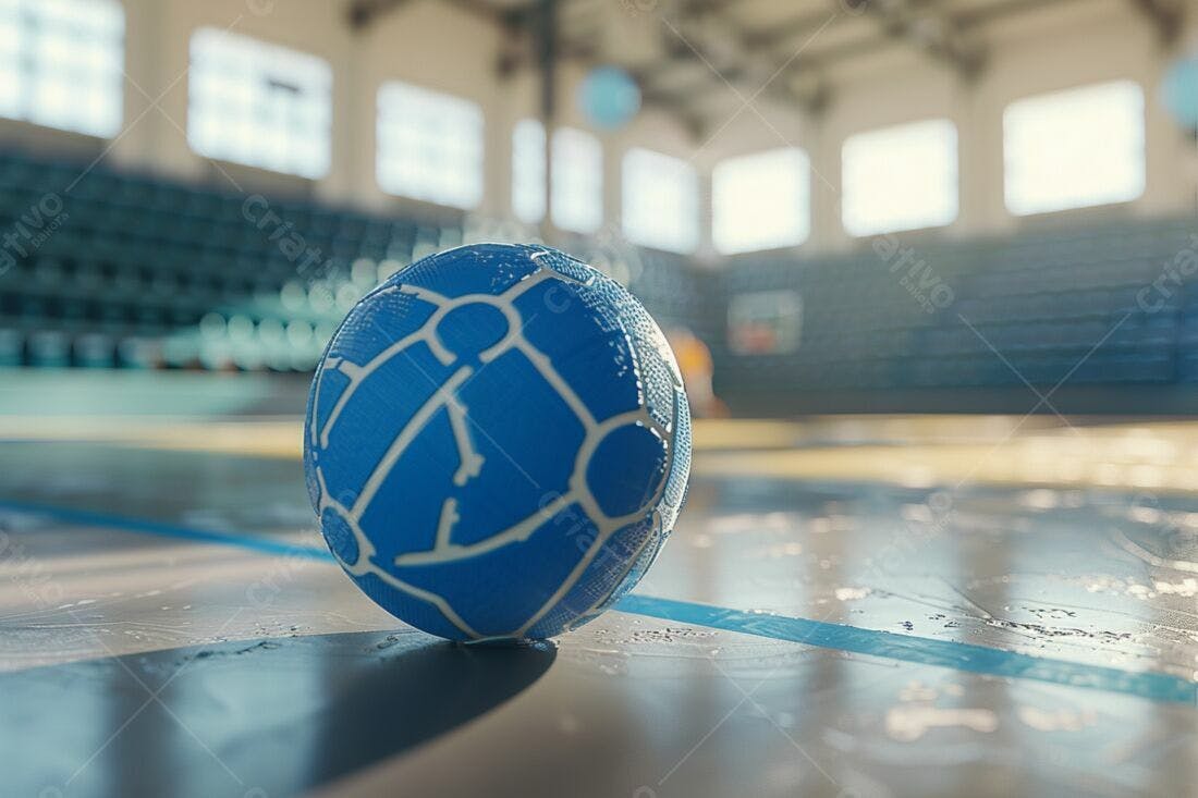 Bola de handebol azul em quadra esportiva