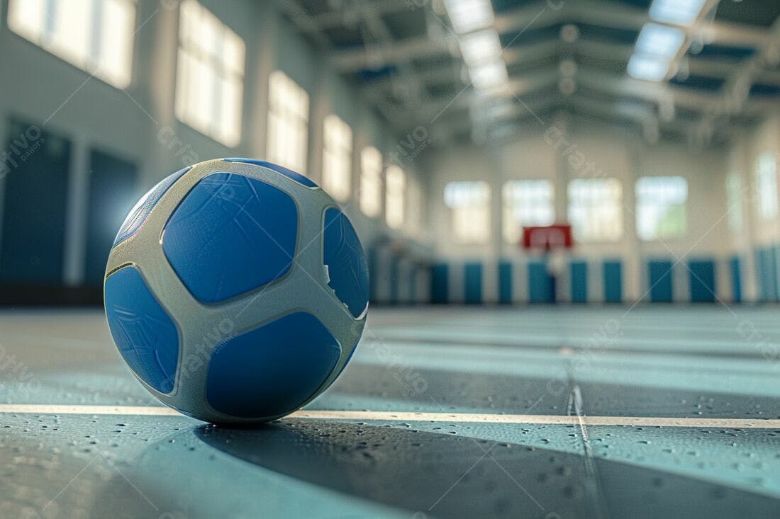 Bola de futsal azul em quadra molhada
