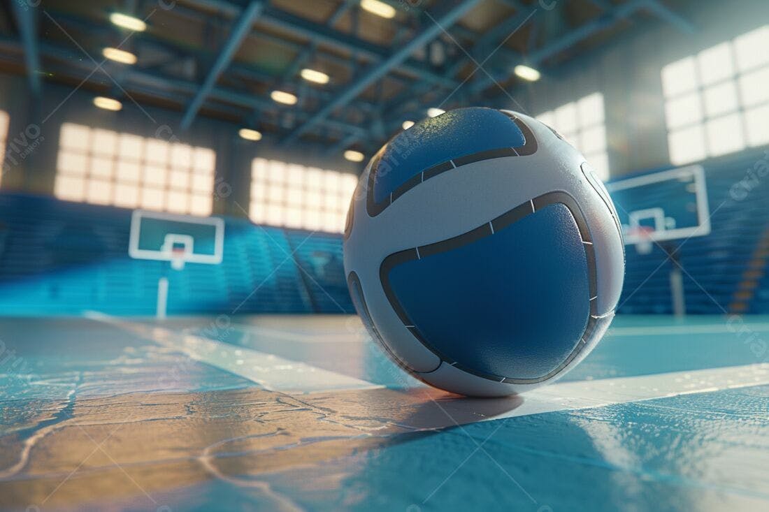 Bola de Futsal em quadra azul e branca