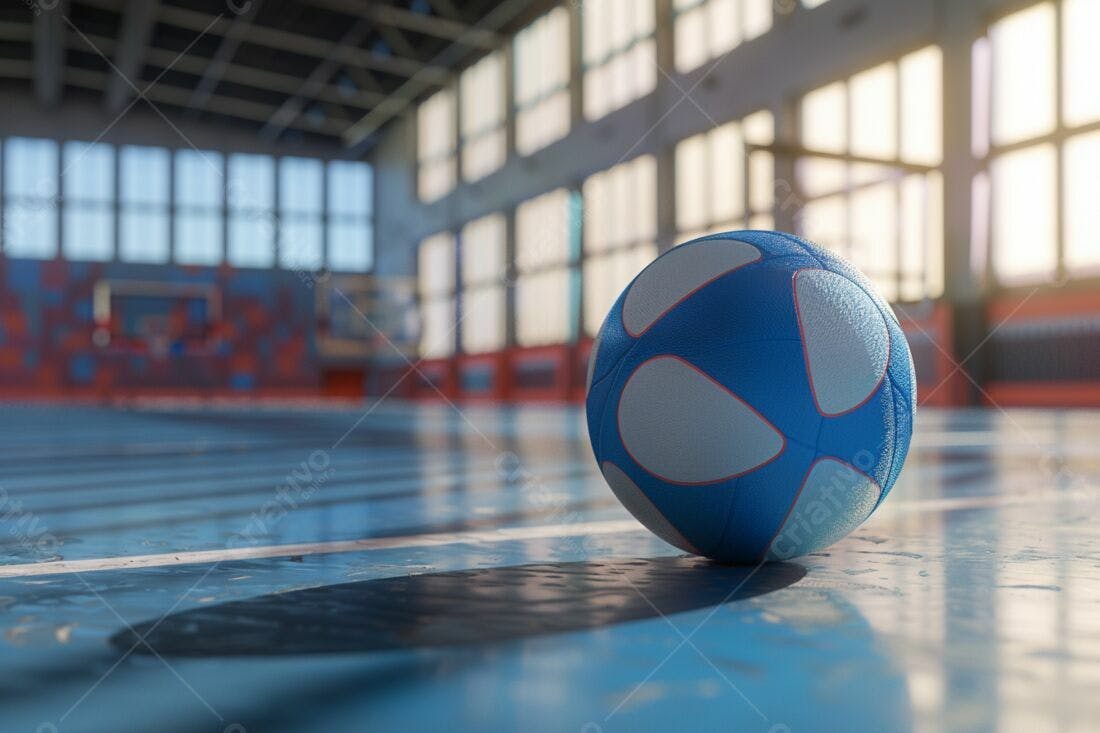 Bola de handebol azul em quadra indoor