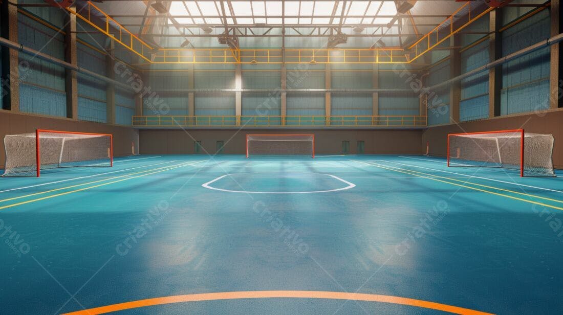 Quadra esportiva interna com gols de futsal