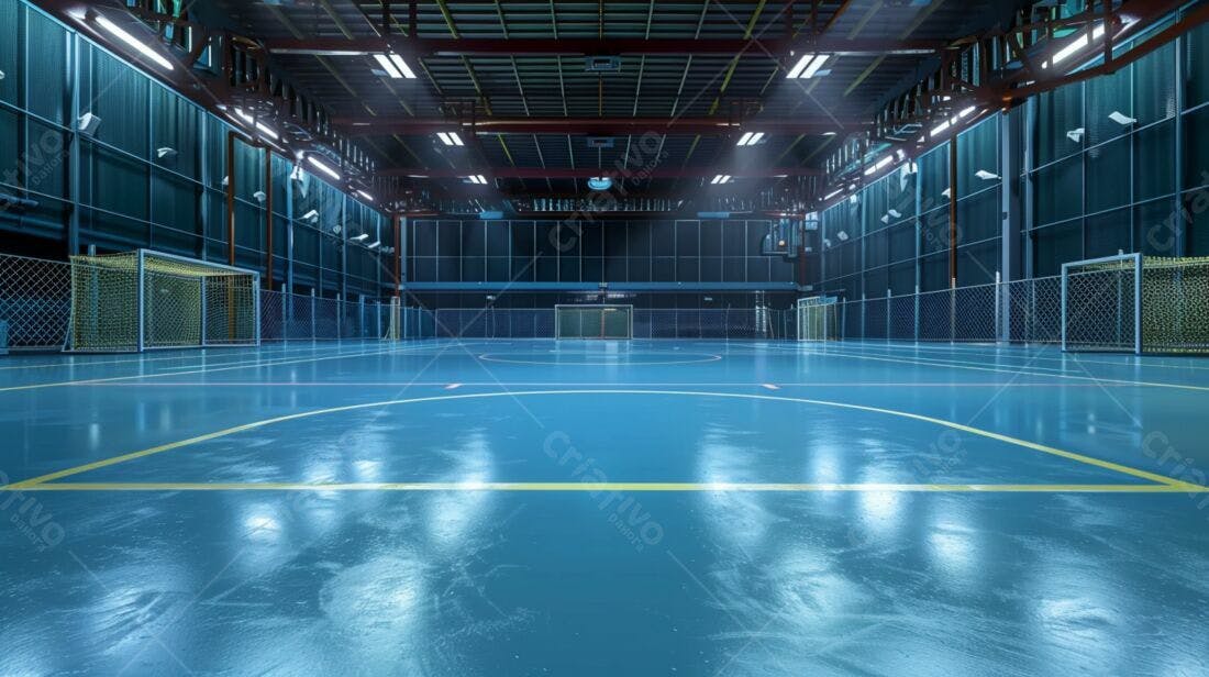 Quadra de futsal azul iluminada