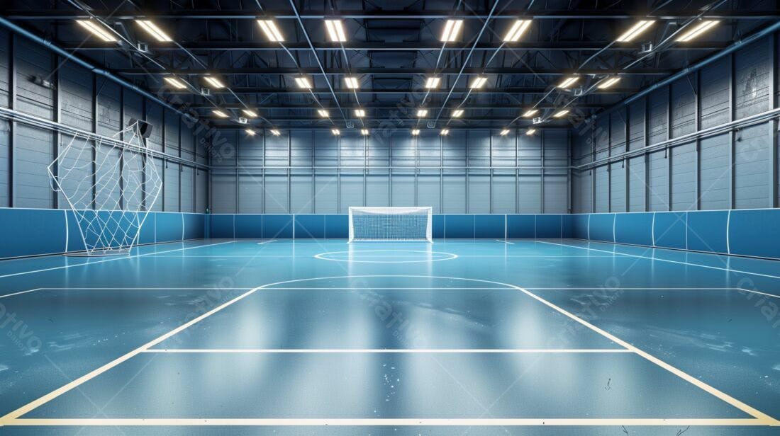 Quadra de futsal azul iluminada