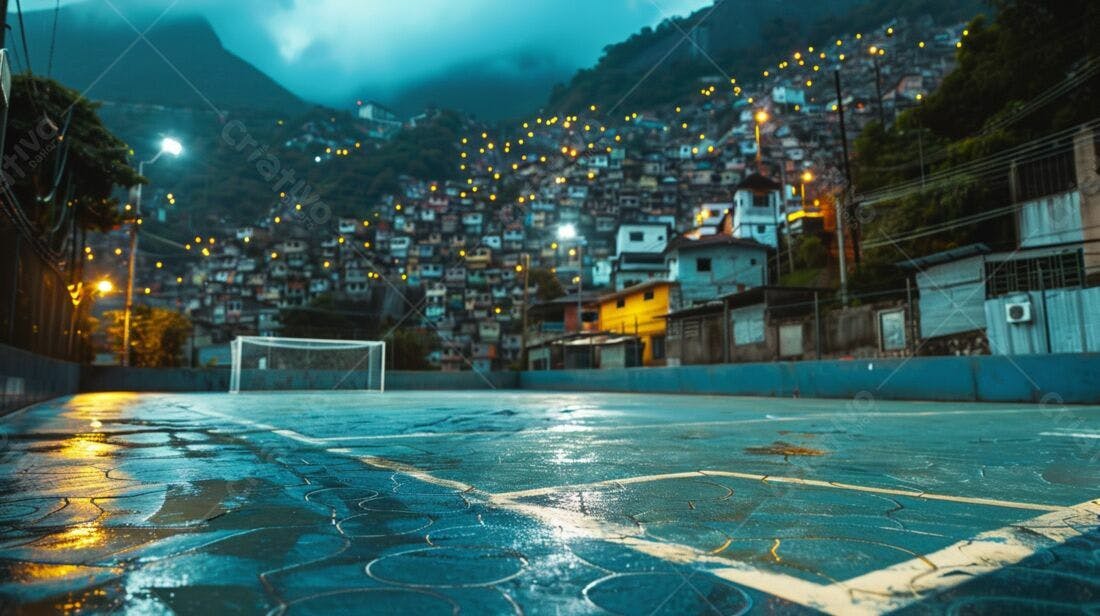 Campo de futebol molhado favela noturna