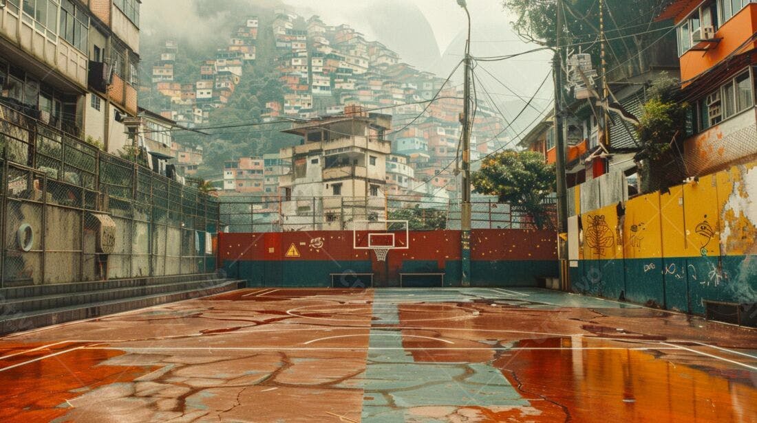 Quadra de Basquete em Favela sob Chuva